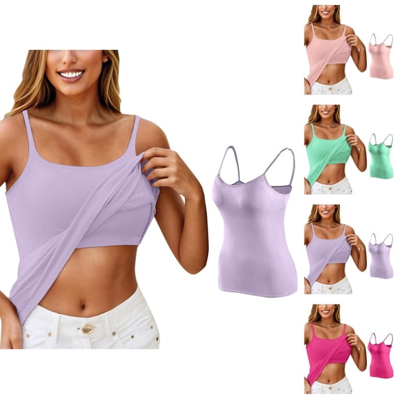 Womens Tank Tops with Built in Bras Stretchy Spaghetti Strap Fitted Padded Camisole Tops Basic Tanks Summer Outfits