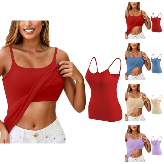 Womens Tank Tops with Built in Bras Stretchy Spaghetti Strap Padded Camisole Tops Basic Tanks Summer Outfits