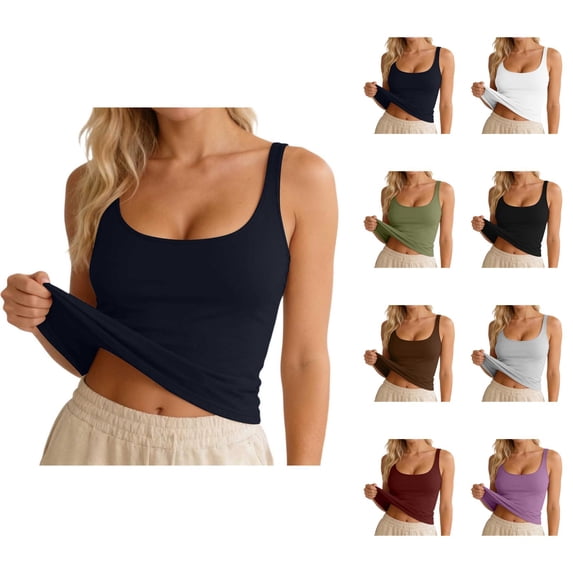 Womens Tank Tops with Built in Bras U Neck Casual Plain Cropped Fitted Padded Sleeveless Shirt Summer Outfits