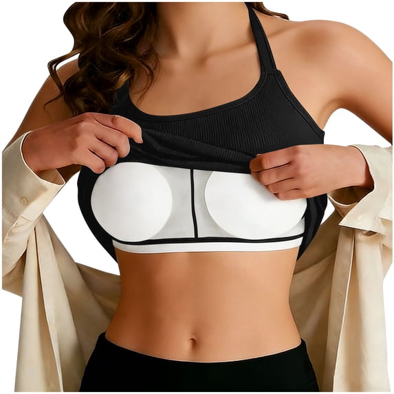 Womens Tank Tops with Shelf Bra Ribbed Crop Tees Halter Neck Backless Yoga Workout Camisole Summer Shirt (S, Black)