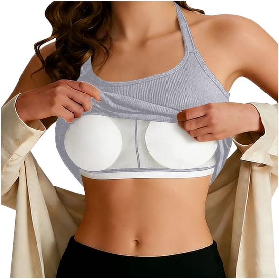 Womens Tank Tops with Shelf Bra Ribbed Crop Tees Halter Scoop Neck Backless Yoga Workout Camisole Summer Shirt (M, Gray)