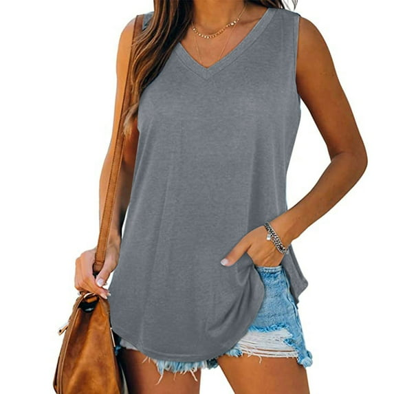 Womens Tank V-Neck Basic Casual Flowy Summer Sleeveless T-Shirt, Women's V-Neck Vest Solid Color Casual Loose T-Shirt Top