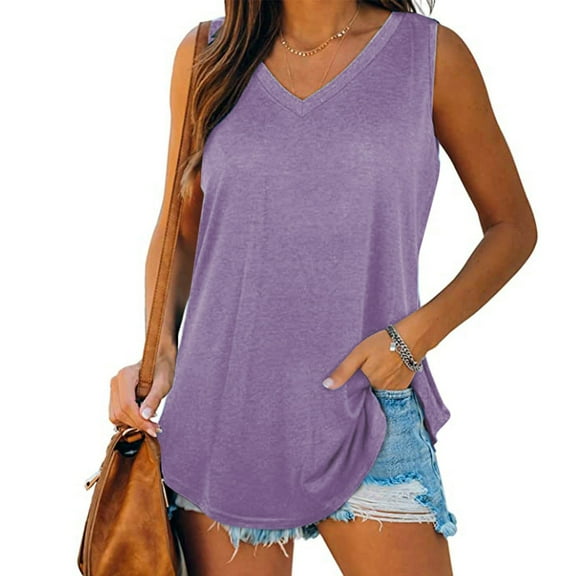Womens Tank V-Neck Basic Casual Flowy Summer Sleeveless T-Shirt, Women's V-Neck Vest Solid Color Casual Loose T-Shirt Top