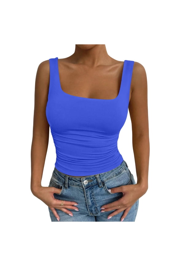 Womens Tank Tops Summer Square Neck Sleeveless Basic Tee Ribbed Slim Fit Casual Shirts Royal Blue M