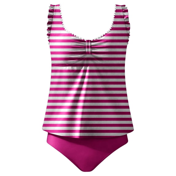 Womens Tankini Bathing Suit Modest 2 Piece Swimsuit Ruffle V Neck Swim Tank Top with High Waisted Bottom (L, Hot Pink)