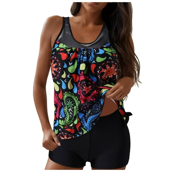 Womens Tankini Bathing Suits Summer Boho Floral Front Ruffle Two Piece Modest Swimsuits Halter Top Swim Shorts