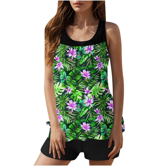 Womens Tankini Bathing Suits Two Piece Hawaii Swimwear with Shorts Slimming Cute Floral Print Popular Tankini Swimsuits Green Swimsuits,Size S-2XL