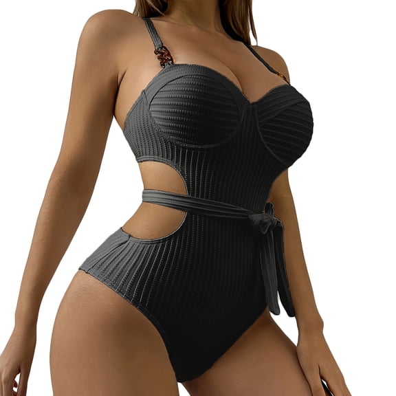 Womens Tankini Bathing Suits Women Solid With Chest Pad Without Underwire Belt Bikini Swimsuit Black,XL