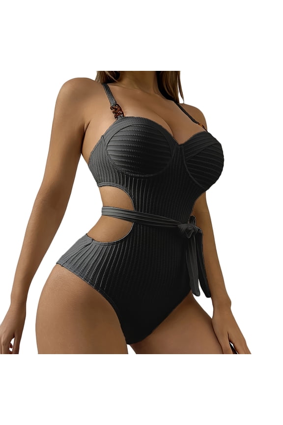 Womens Tankini Bathing Suits Women Solid With Chest Pad Without Underwire Belt Bikini Swimsuit Black,XL