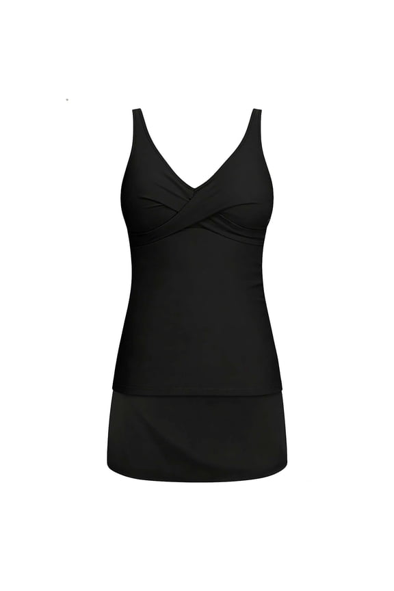Womens Tankini Bathing Suits with Skirt Two Piece Adjustable Cross Back Strap Swimsuits Beach Swimwear (2XL, Black)