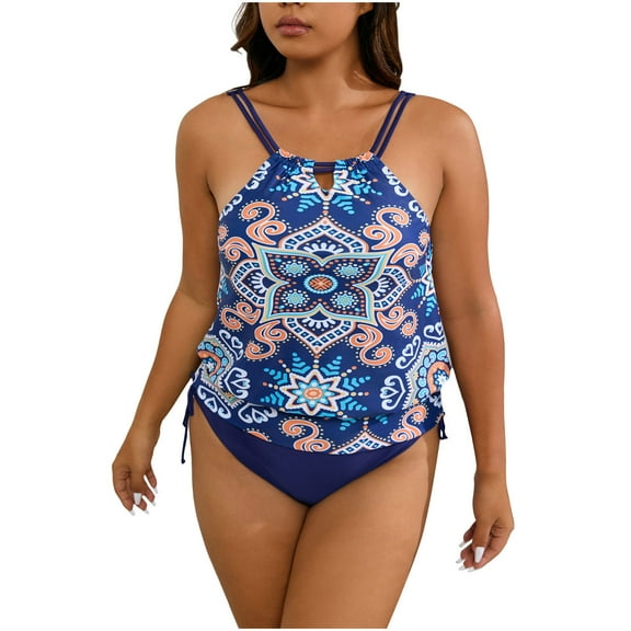Womens Tankini Set Plus Size Two Pieces High Neck Bathing Suit Tops Slim Fit Ruched Swim Tops with Briefs