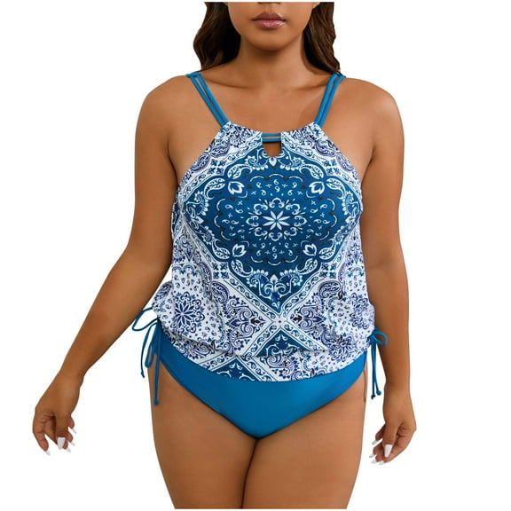 Womens Tankini Set Plus Size Two Pieces High Neck Bathing Suit Tops Slim Fit Ruched Swim Tops with Briefs