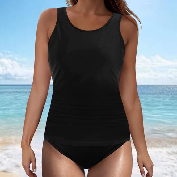 Womens Tankini Sets 2 Piece High Waisted Modest Seamless Breathable Ruched Swimsuit with Built-In-Bra