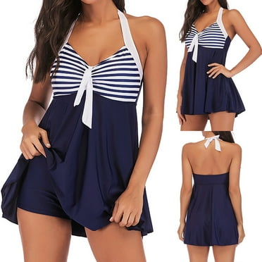 Womens Tankini Swimdress with Boyshorts Two Piece V Neck Bowknot Halter Bathing Suit Dress