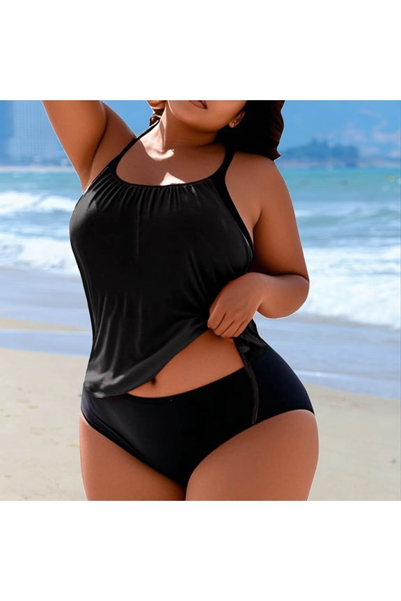 Womens Tankini Swimsuits Plus Size Two Piece Tummy Control Halter Bathing Suits Slip Tie Swimwear with Triangle Black 3XL