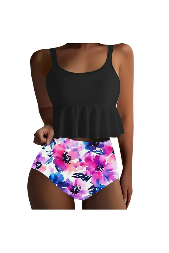 Womens Tankini Swimsuits Ruffle Hem Crop Top Tummy Control Floral Modest Swimwear High Waisted Bikini Set