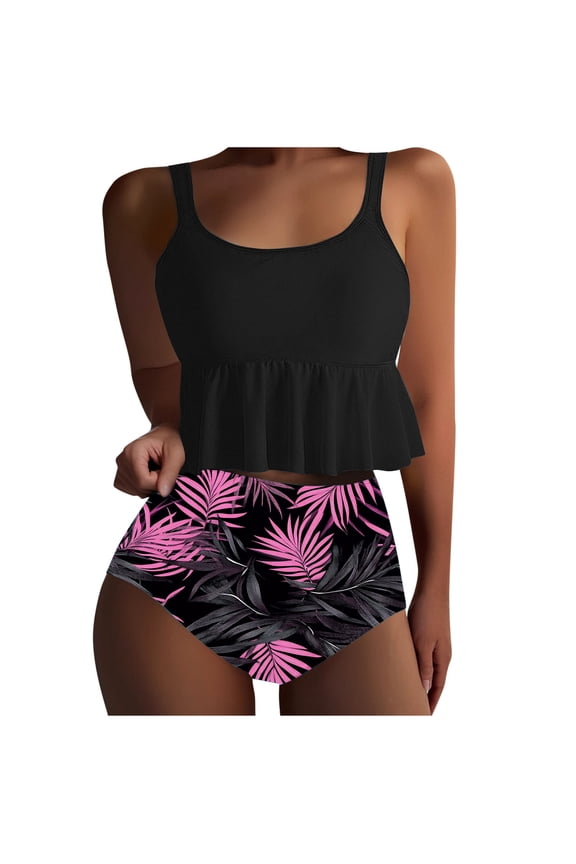 Womens Tankini Swimsuits Ruffle Hem Crop Top Tummy Control Floral Modest Swimwear High Waisted Bikini Set