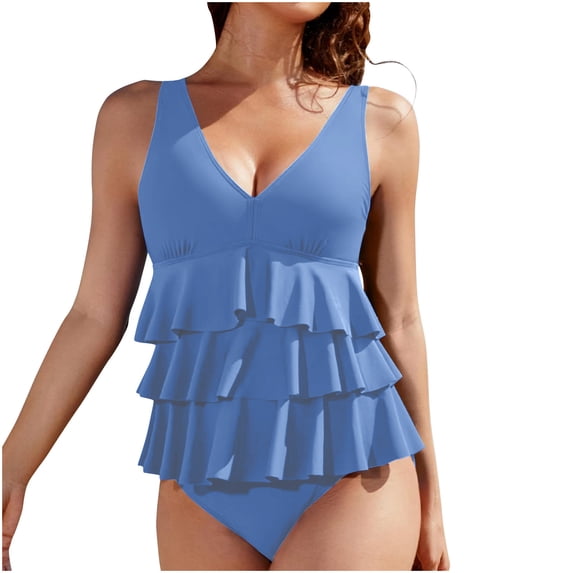 Womens Tankini Swimsuits Ruffled Tank Top Tummy Control Modest Swimwear High Waisted Two Piece Bathing Suit Light Blue M