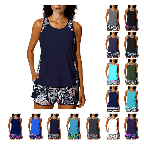 Womens Tankini Swimsuits Two Piece Bathing Suit Athletic Tank Tops with Boyshorts Printed Modest Swimwear