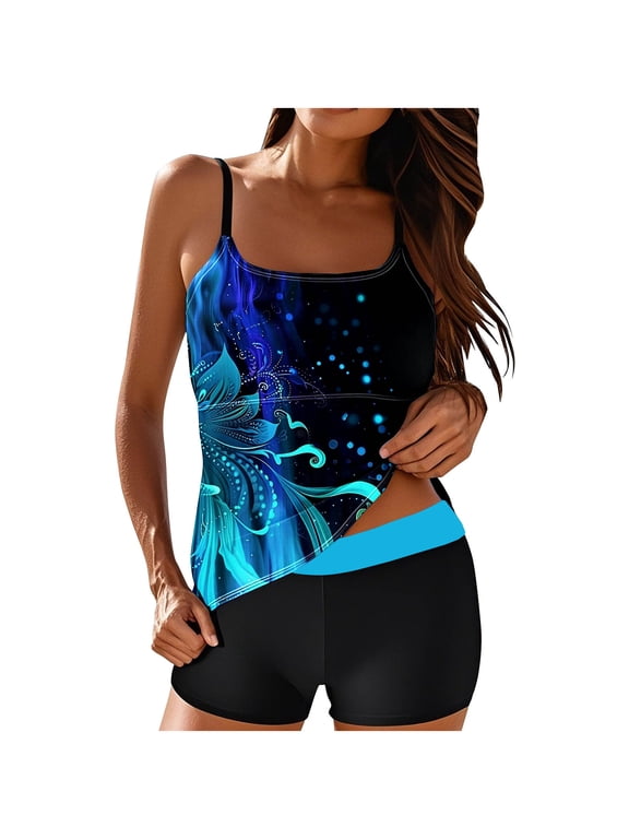 Womens Tankini Swimwear with Boyshorts Bikini Set with Removable Padded, High Waisted Floral Print Bathing Suits for Party, Multicolor
