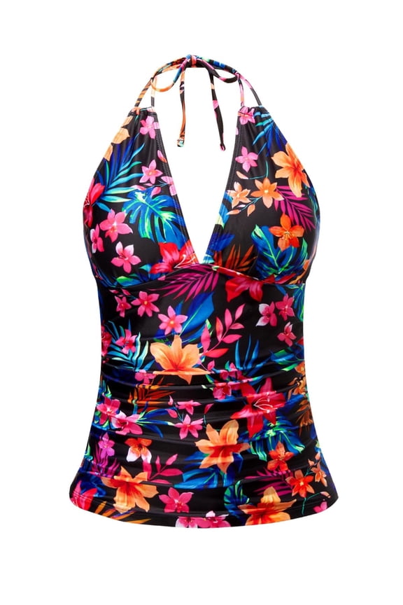 Womens Tankini Tops Ruched Tummy Control Swim Top Twist Front Halter V Neck Swimsuit Floral Bathing Suit No Bottom Black XL