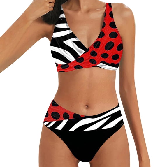 Womens Tankinis 2 PCS High Waist Printed V Neck Color Block Beach Bathing Suits Plus Size Swimwear