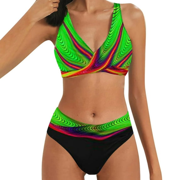 Womens Tankinis 2 PCS High Waist Printed V Neck Color Block Beach Bathing Suits Plus Size Swimwear