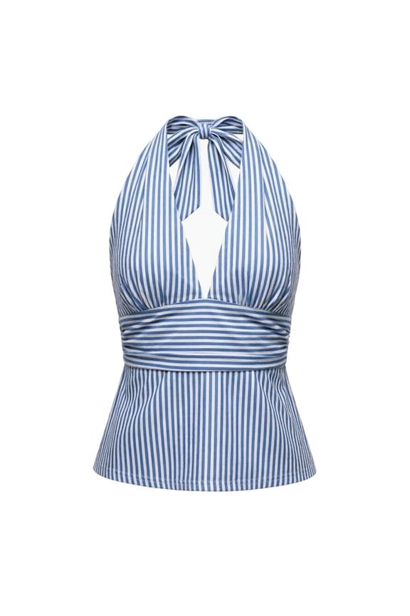 Womens Tanks Striped Ruched Halter Top Tie Backless Cropped Ruffle Bodycon Tank Summer Sleeveless Top Blue M
