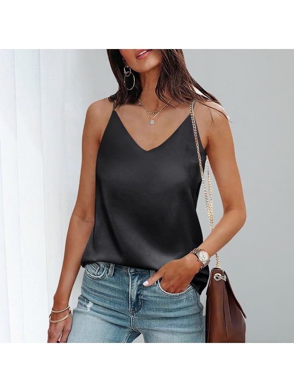 Womens Tanks Summer V Neck Satin Sleeveless Camisole Top for Women Silk-Luxe Sleeveless Camisole with Straps Black M