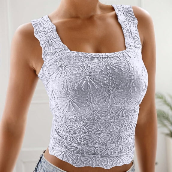 Womens Tanks Womens Square Neck Ribbed Tank Tops Sleeveless Crop Tops Summer Clothes Platform Competitor Women's Square Neck Wide Strap Crop Tank Tops Slim Fit Light Purple S