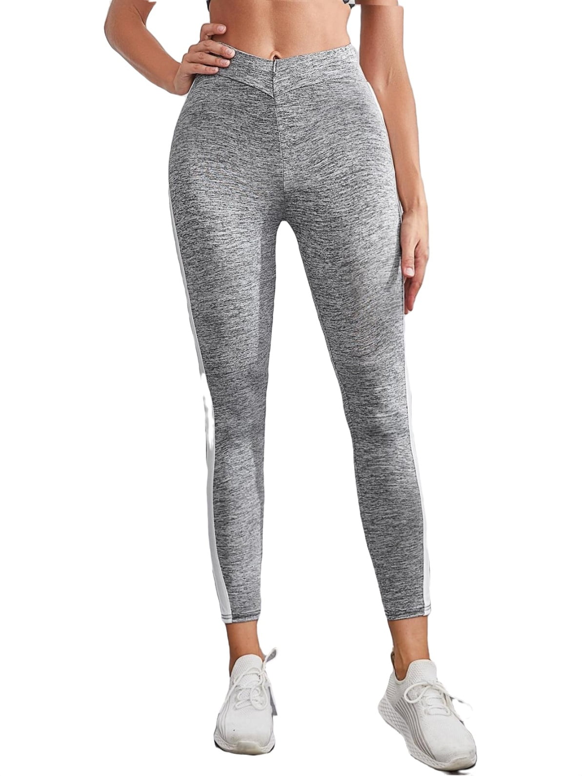 Womens Tape Leggings Casual Cropped High Stretch Light Grey L