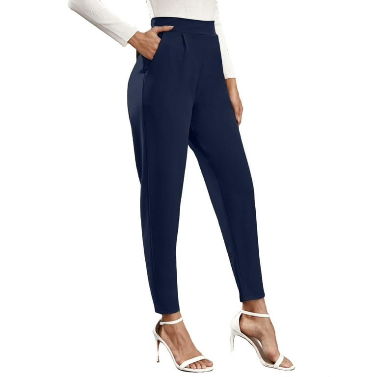 Womens Tapered/Carrot Pants Elegant Pocket High Waist Navy Blue M 