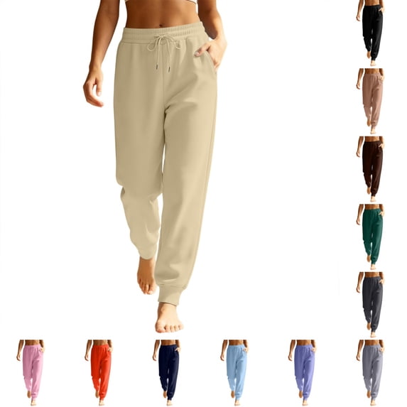 Womens Tapered Joggers Stylish Casual Waist Elastic Drawstring Sweatpants Winter Soft Comfy Solid Color Sweatpants with Pockets Beige S