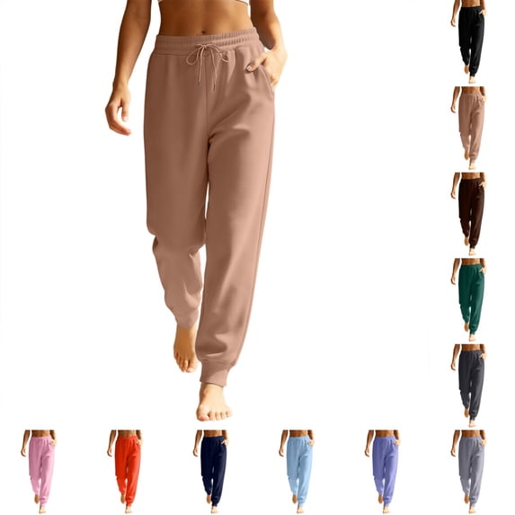 Womens Tapered Joggers Stylish Casual Waist Elastic Drawstring Sweatpants Winter Soft Comfy Solid Color Sweatpants with Pockets Camel L