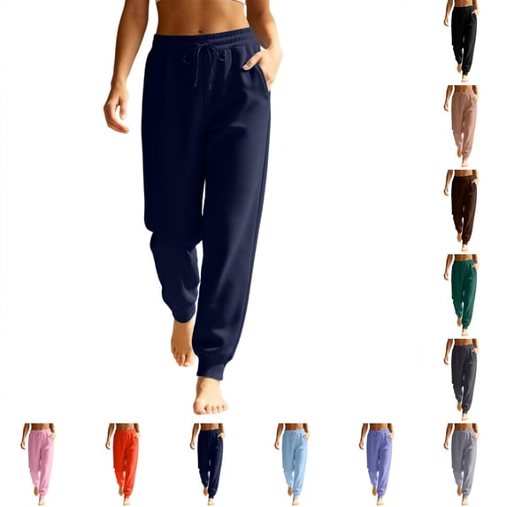 Womens Tapered Joggers Stylish Casual Waist Elastic Drawstring Sweatpants Winter Soft Comfy Solid Color Sweatpants with Pockets Navy S