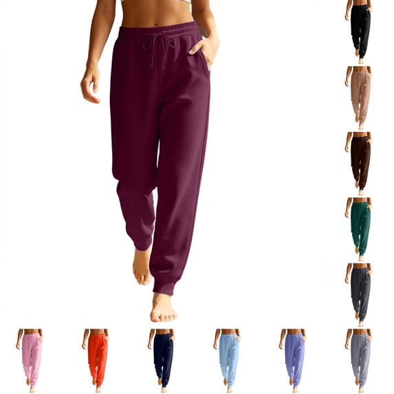 Womens Tapered Joggers Stylish Casual Waist Elastic Drawstring Sweatpants Winter Soft Comfy Solid Color Sweatpants with Pockets Wine XL