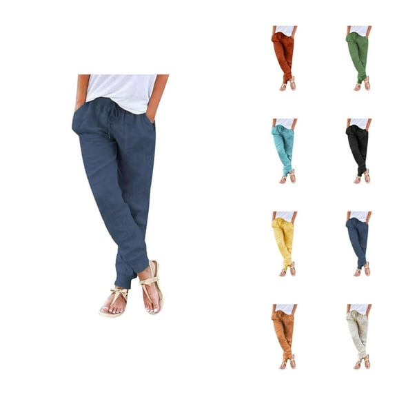 Womens Tapered Pants Drawstring Back Elastic Waist Pants Casual Trousers With Pockets Capri Pants