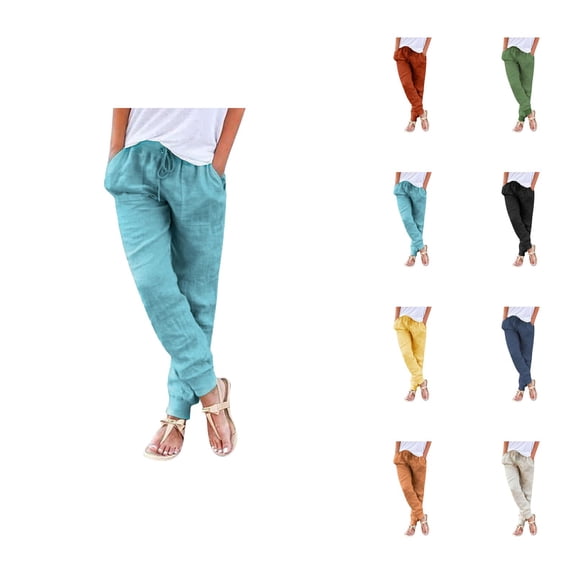 Womens Tapered Pants Drawstring Back Elastic Waist Pants Casual Trousers With Pockets Linen Capris For Women Casual Summer