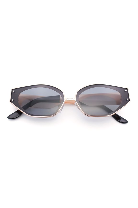 Womens Tapered Thick Temple Subtle Cat Eye Inset Lens Metal Rim Sunglasses Gold - Black