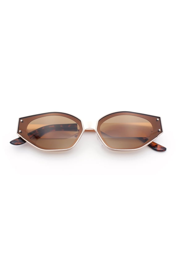 Womens Tapered Thick Temple Subtle Cat Eye Inset Lens Metal Rim Sunglasses Gold - Brown