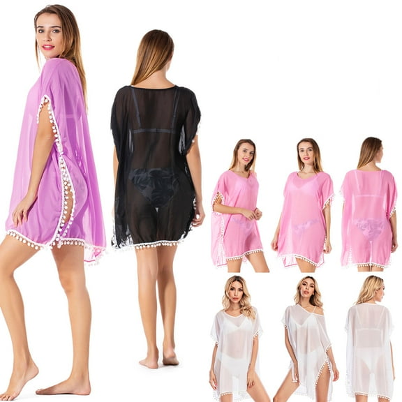 Womens Tassel Chiffon Swimwear Bikini Swim Beachwear Swimsuit Cover Ups for Women, Black