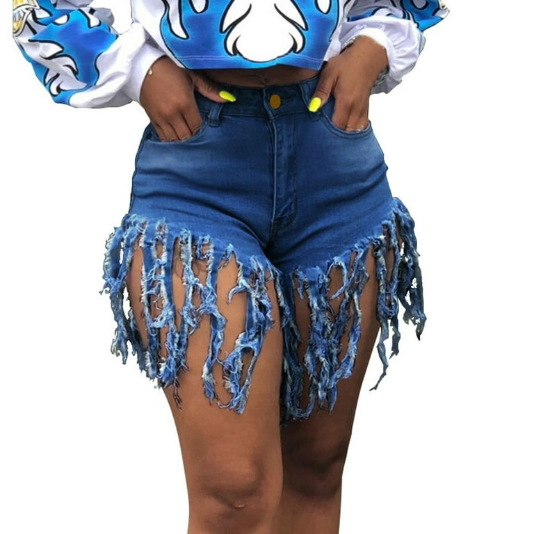 Sexy Solid Tassel Ripped High Waist Denim Shorts Sexy Solid Tassel Ripped High Waist Denim Shorts
