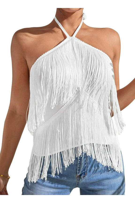 Womens Tassel Halter Vest Tops Solid Color Sleeveless Tank Top Y2K Fringe Asymmetrical Hem Shirts Casual Party Club Camisole Tank Tops Festival Music Concert Cowgirl Outfits