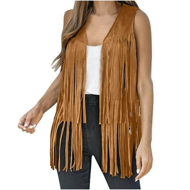 Womens Tassel Sleeveless Vest 70s Hippie Suede Fringe Jacket Cardigan Holiday Wear For Party Parade Brown M