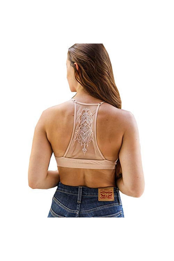 Womens Tattoo Mesh Racerback Bralette (Blush, L)