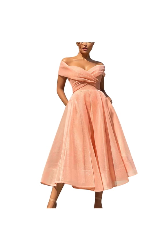 Womens Tea Length Mother of Bride Dresses with Pockets Wedding Guest Dress Off The Shoulder Formal Evening Party Gown