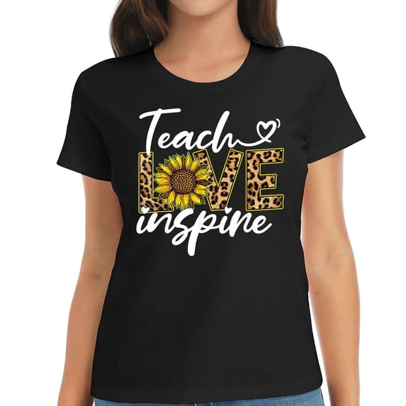 Womens Teach Love Inspire Cute Sunflower Leopard Cheetah Print T-Shirt Black