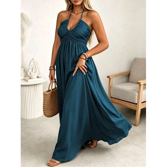 Womens Teal Blue Halter Neck Ruched Bodice Flowy A-Line Maxi Dress