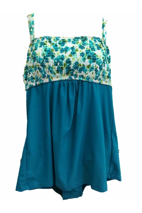 Womens Teal Floral Bathing Suit Single Piece Scrunch Top Swimming Dress 14