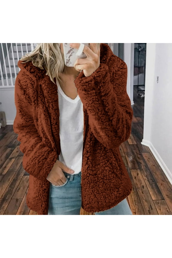 Womens Teddy Fleece Sweater Outwear Lightweight Loose Long Sleeve Hoodies Classic Elegant Solid Warm Faux Coat Ladies Comfortable Soft Fall Winter Fashion Jacket